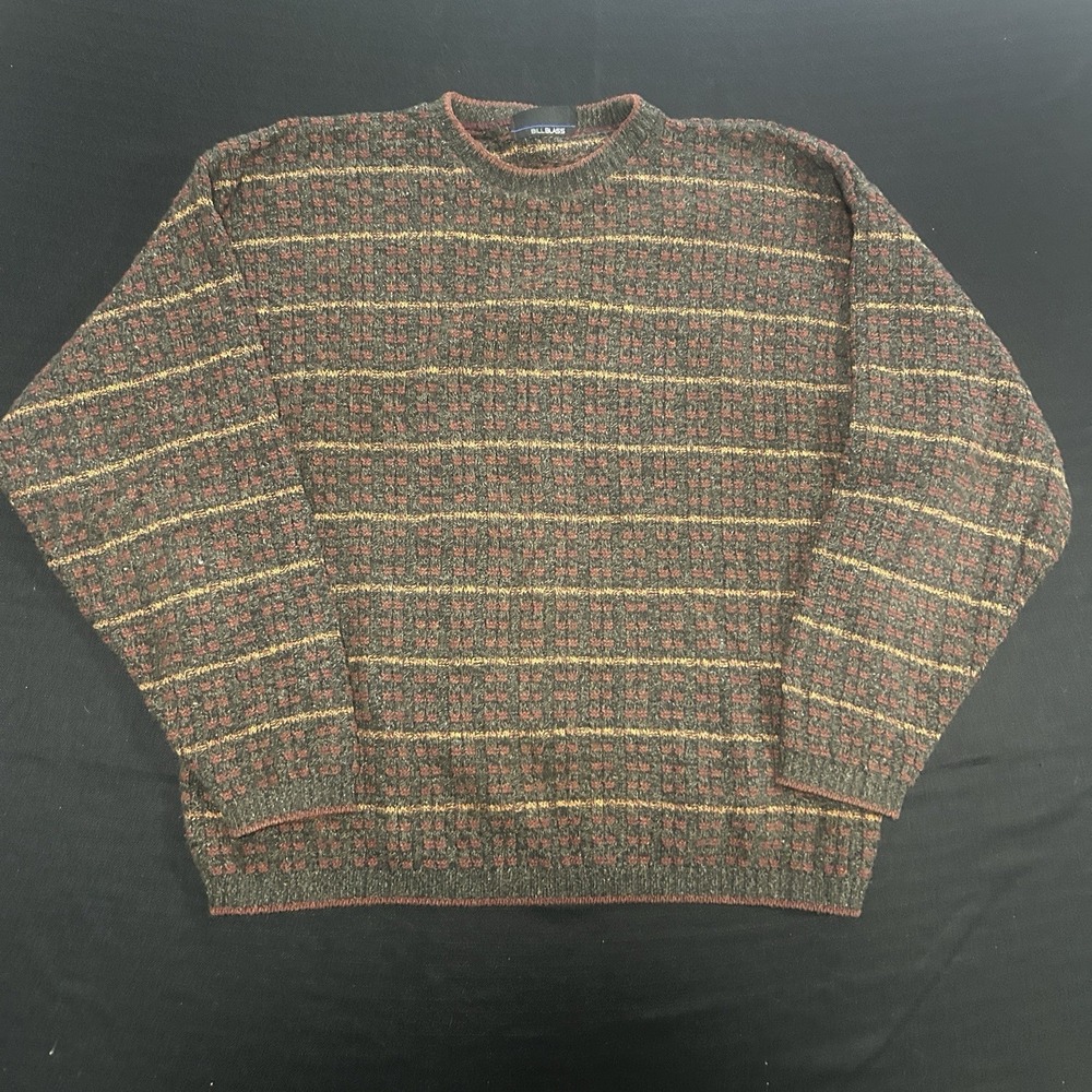 Bill Blass Vintage Knit Sweater Men's XL Brown Geometric Pattern Crewneck